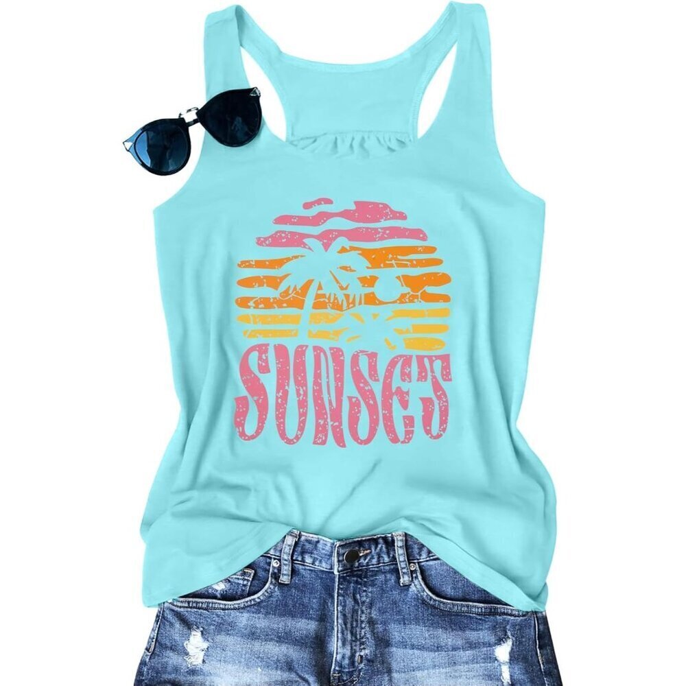 Women’s Sunset Coconut Tree Tank Top Hawaiian Beach Vacation Sleeveless